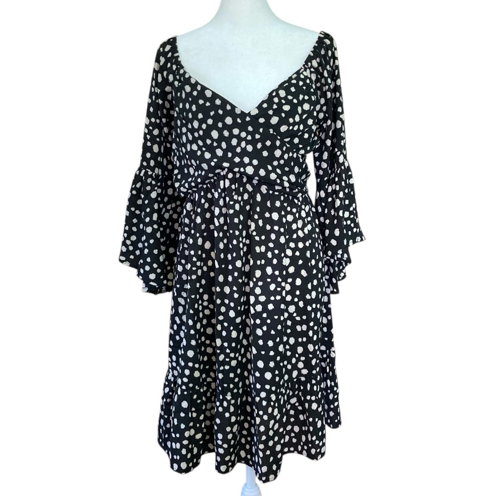 Umgee Dalmation‎ Print Flounce Sleeve Sweetheart Mini Dress Black Beige (Size L)
